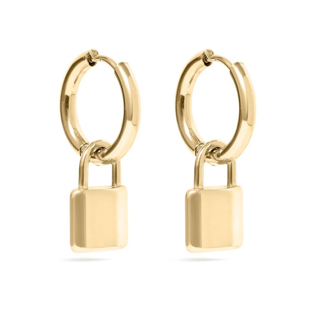 Lock Earrings Stainless Steel Padlock Pendant Hoop - Gold - NIP